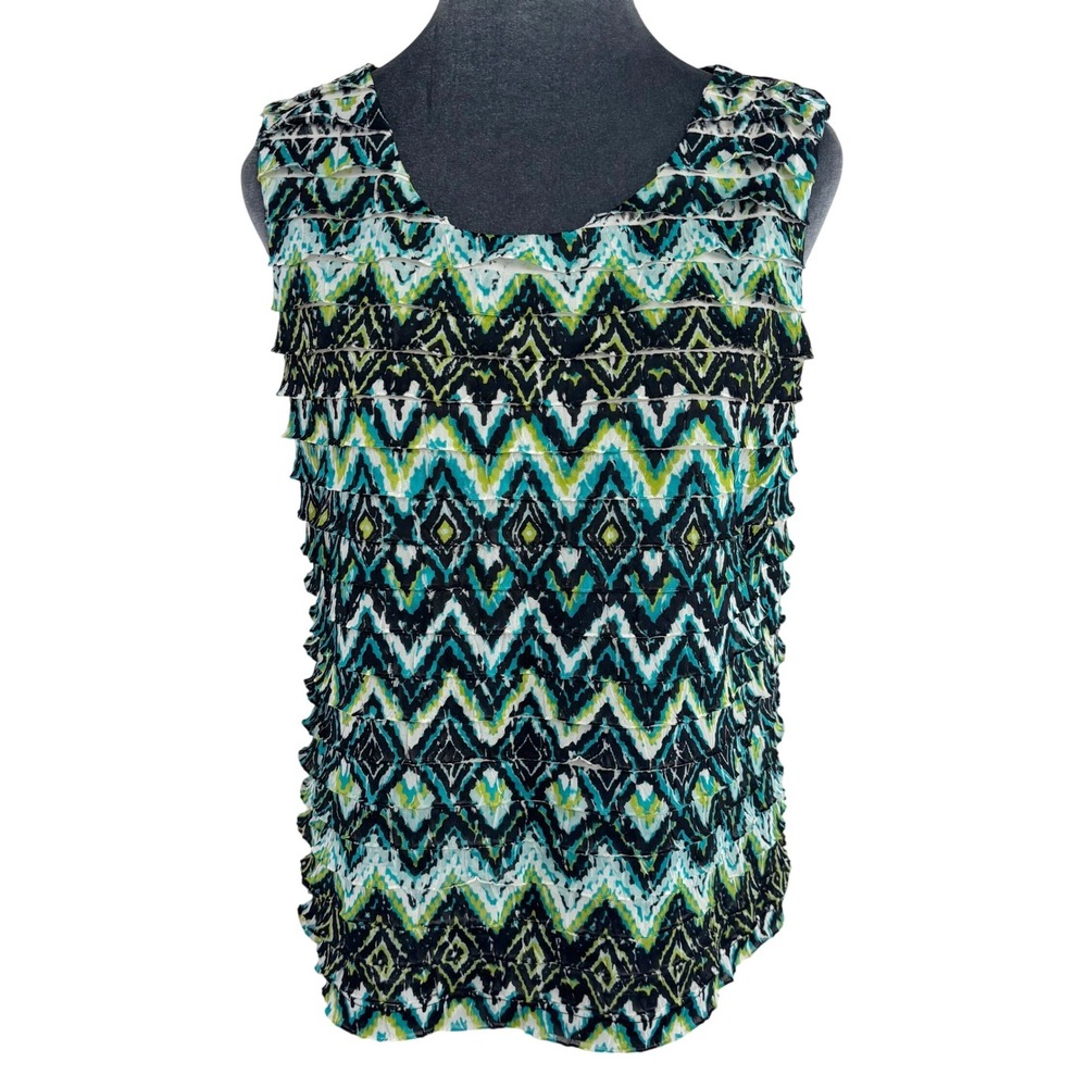Draper's & Damon's Vibrant Art Deco Teal Lime Ikat Chevron Tiered Ruffle Tank PM
